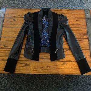 Black Womens Faux Leather Puff-Sleeve Jacket